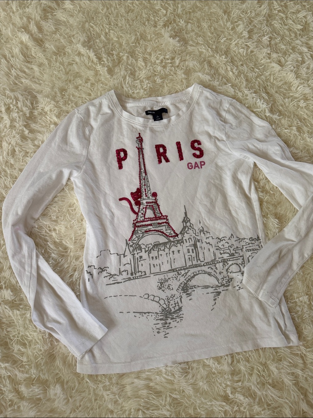 GAP White Long Sleeve Paris Eiffel Tower Tee with Red Accents